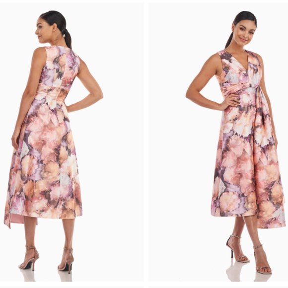 KAY UNGER LANI FLORAL PRINT METALLIC ORGANZA PINK MULTI MIDI DRESS sz 6 - Picture 1 of 6